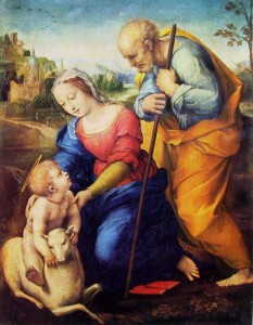 Raffaello Sanzio: Sacra Famiglia con l’agnello, realizzato con tecnica ad olio su tavola nel 1507 , misura 29 x 21 cm. ed è custodito nel Museo del Prado a Madrid.